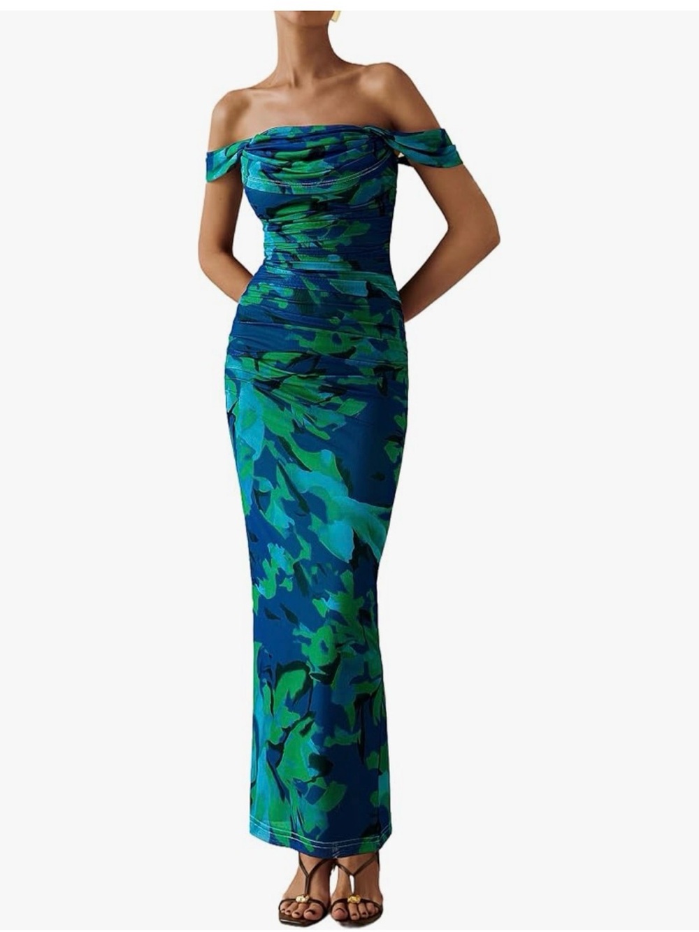 Blue Green Ruched Bodycon Midi Dress